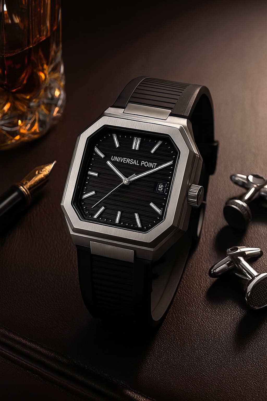 Universal Point UP 1988 ⌚ | Square Dial Leather Strap Watch 💼 | Water Resistant 3 ATM (With Box 🎁)